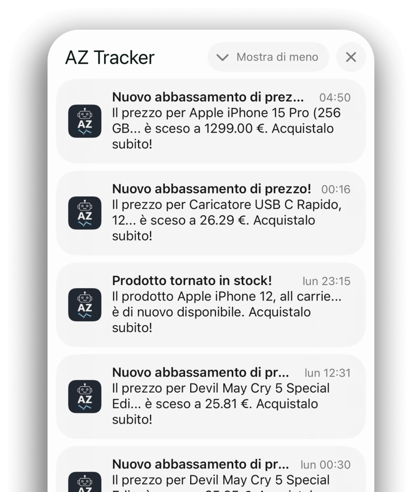 iPhone mockup con screenshot AZ Tracker 5
